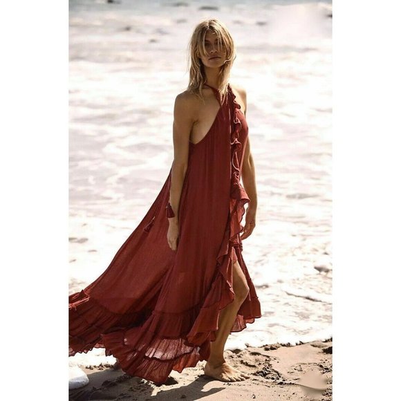 Free People Dresses & Skirts - Free People Endless Summer Wraparound Halter Ruffled Flouncy Red Maxi Dress Sz S